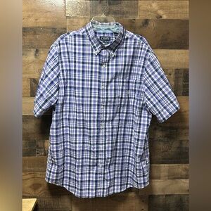 Chaps Men’s XXL Plaid Short Sleeve Button Down Shirt Purple Blue Easy Care